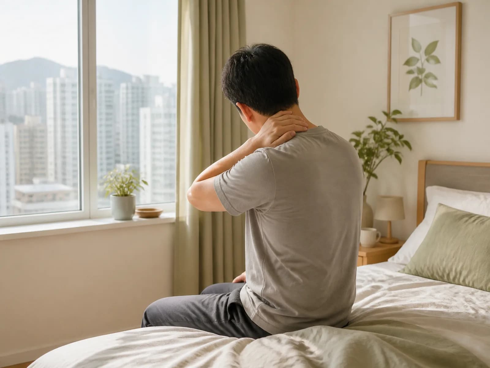 An adult seen from behind sits on the edge of a bed in a bright bedroom, one hand resting on the back of the neck.