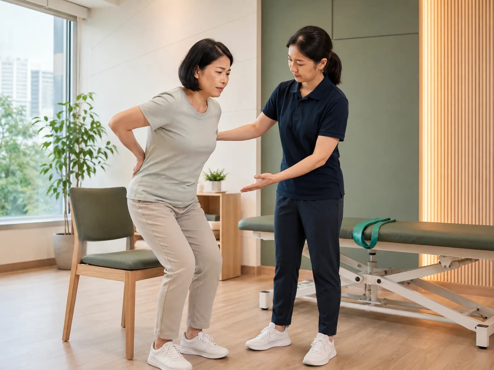 一名女士從椅子起身時弓著身,一手按著下背、面露痛楚,另一名身穿深藍色上衣的女士在旁托著她的前臂。