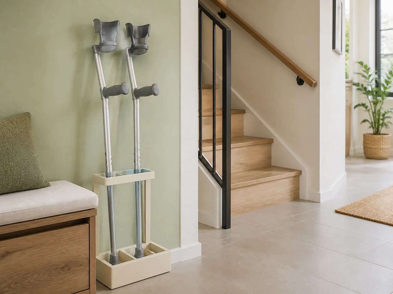 A pair of forearm crutches standing in a holder beside a home staircase with a handrail, the floor left clear.