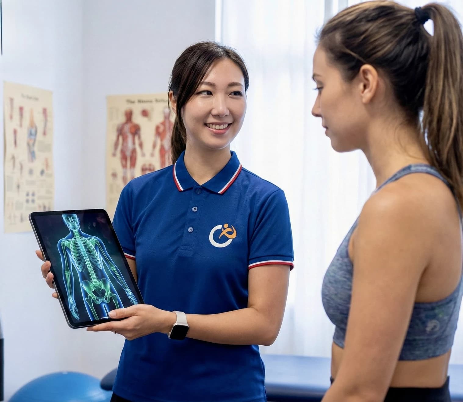 Yvonne Lau holding a tablet and explaining what is on its screen to a patient in the clinic